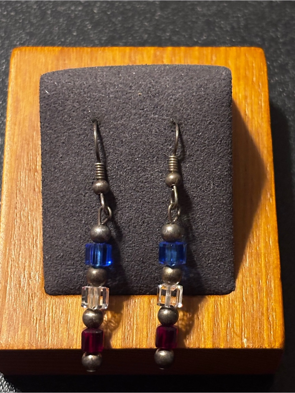 Sterling Red, White, Blue  Beaded Dangle Earrings‎ Patriotic American Jewelry